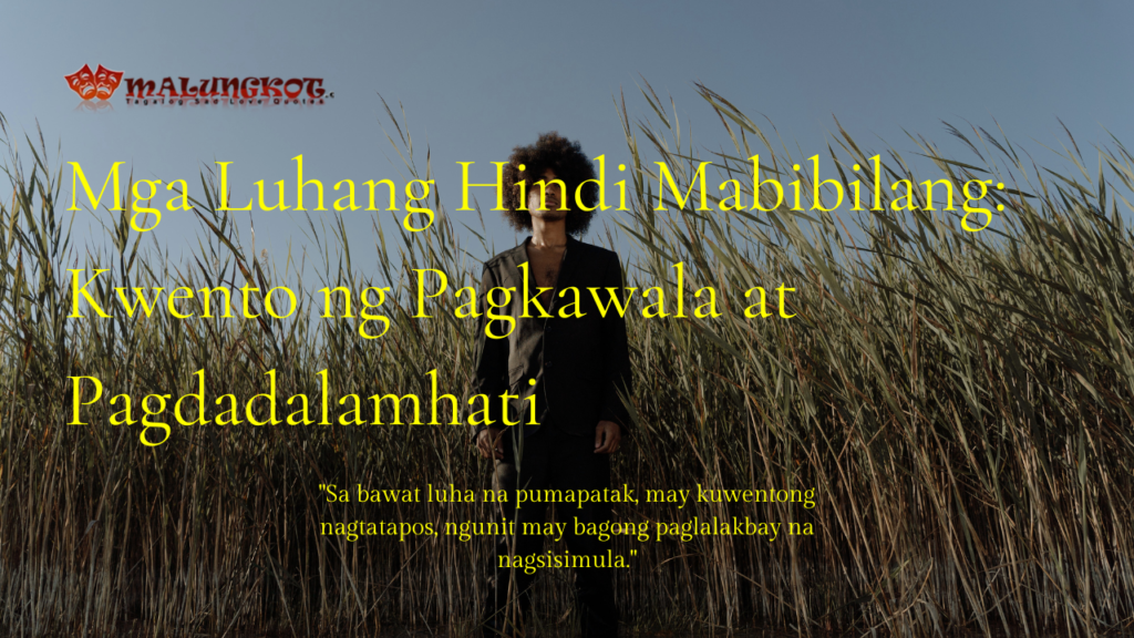 "Isang tao na nakatayo sa gitna ng mga damo na mataas na animo'y nagmumuni-muni sa ilalim ng maliwanag na langit."